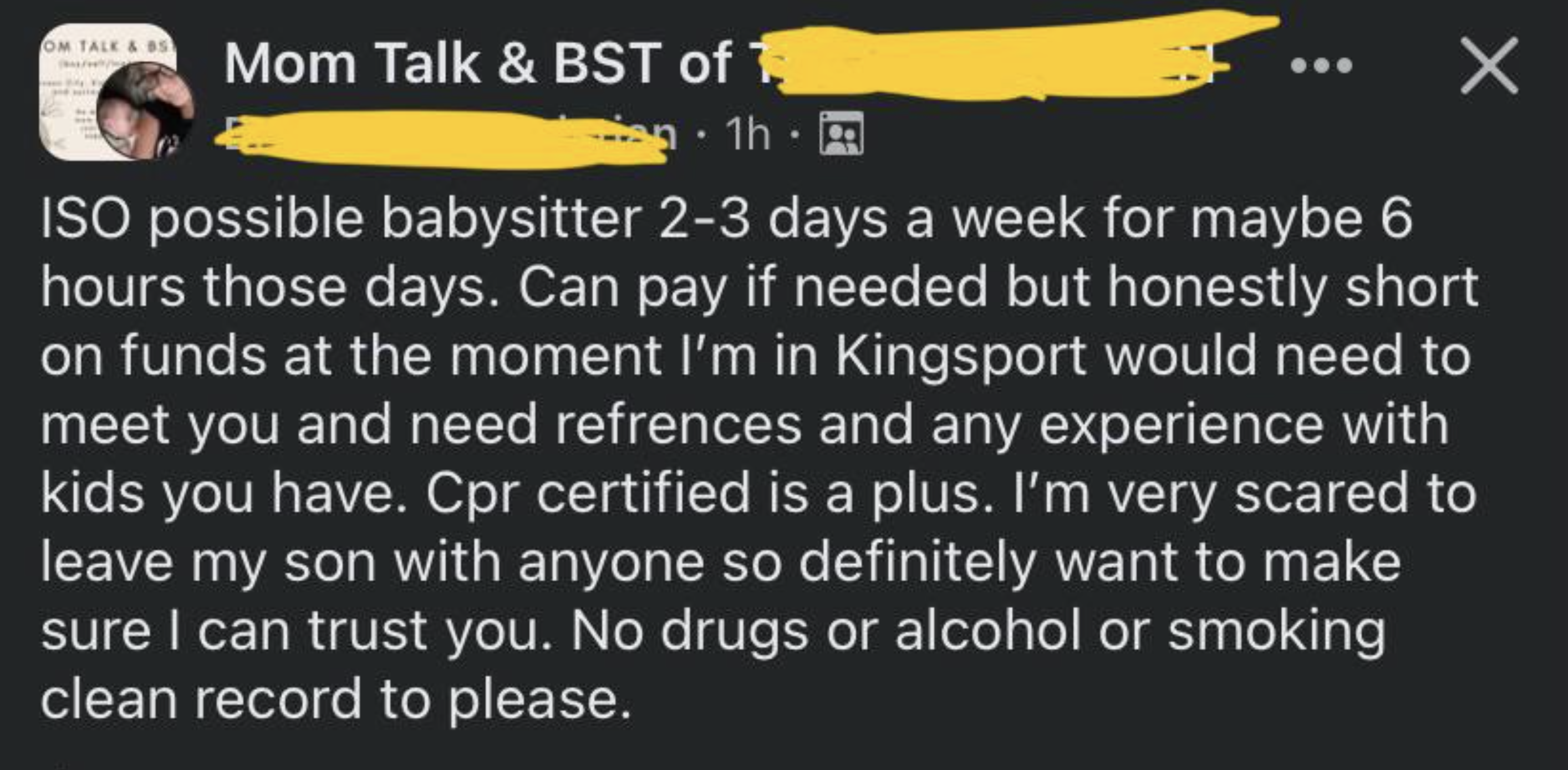 kayak - Om Tale & B Mom Talk & Bst of 1h 1h Iso possible babysitter 23 days a week for maybe 6 hours those days. Can pay if needed but honestly short on funds at the moment I'm in Kingsport would need to meet you and need refrences and any experience with